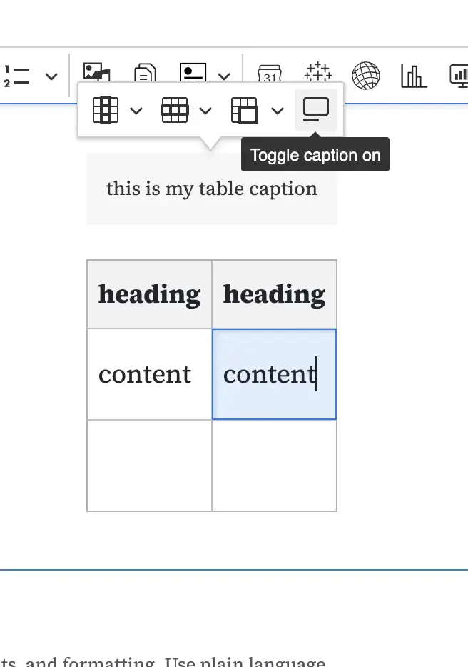 Contextual button that toggles the caption for a table on or off in CKEditor 5