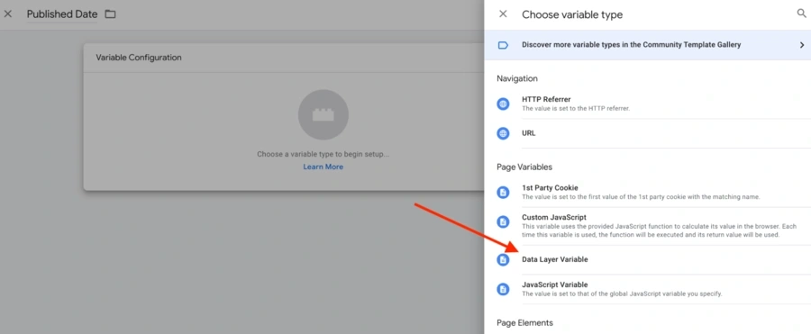 Red arrow pointing to the Data Layer Variable option in Google Tag Manager