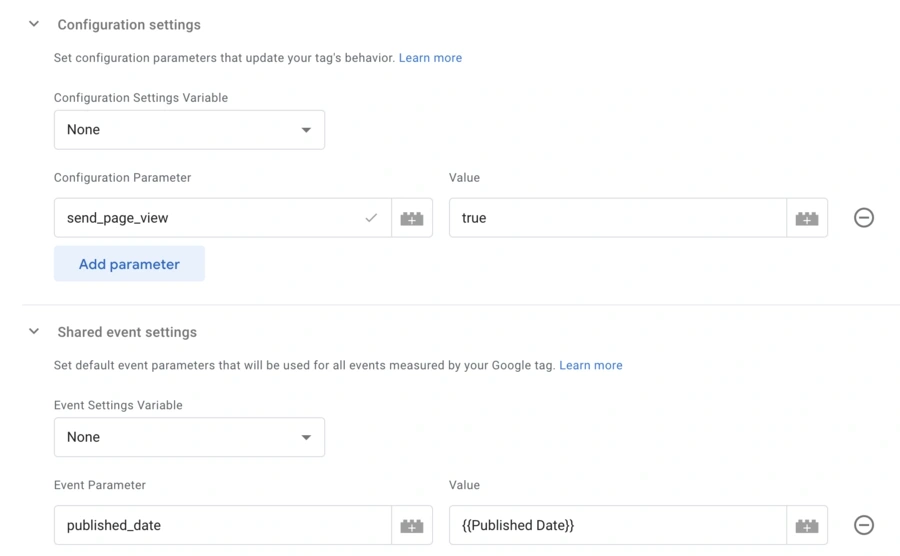 Google Tag Manager GA4 Shared Event settings with published_Date set