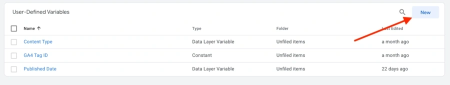 Red arrow pointing to the New button for user-defined variables