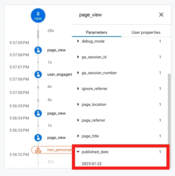 Google Analytics 4 DebugView with published date highlighted in red