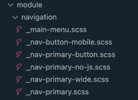 The directory of Iowa's custom theme showing SCSS files for navigation