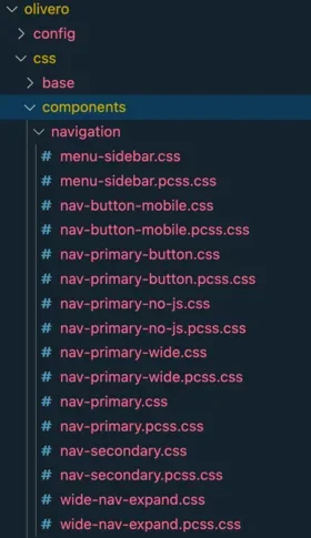 The directory of Olivero's CSS files for navigation.