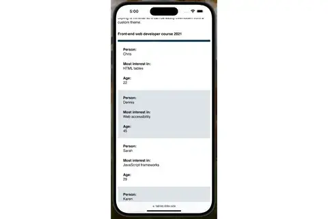 Stacked table example - mobile