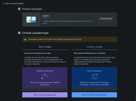 The Jira selection screen for team or company