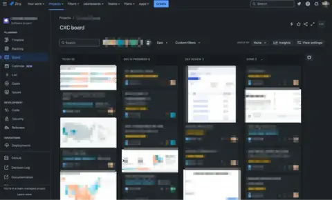 Jira board example, with details blurred.