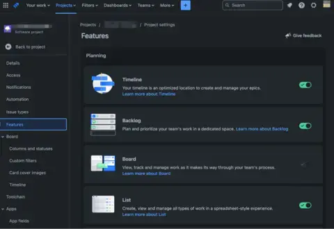 Jira screen for enabling or disabling features on a team project