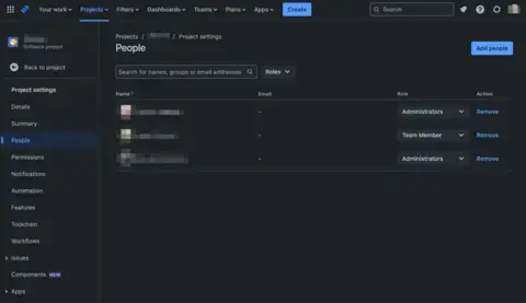 Jira screen for adding people to a new project.