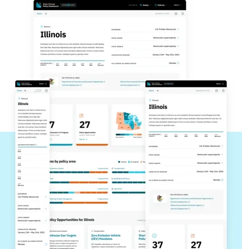 Climate XChange responsive dashboard overview - showing the Illinois page in desktop, tablet, and mobile screen sizes.