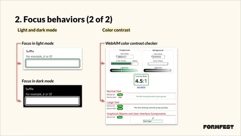 Examples of form behaviors in light and dark mode, with proper color contrast