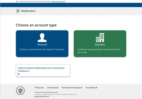 Screenshot of MyMassGov account signup page