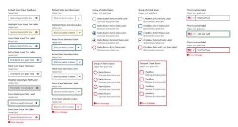 textfields, radio fields, checkboxes and fieldset examples and colors for each state for MyMassGov