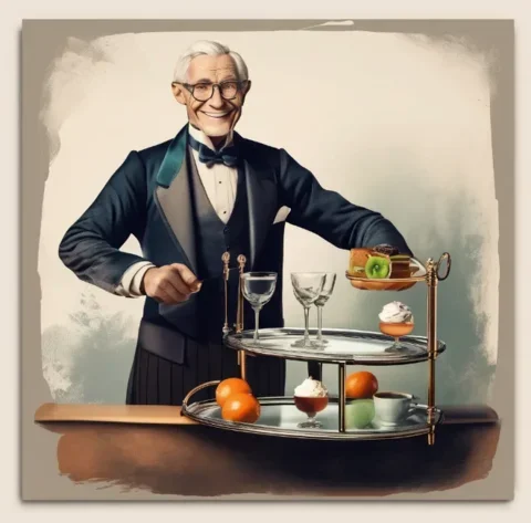 An AI painting of a waiter presenting some food, but no sandwhich